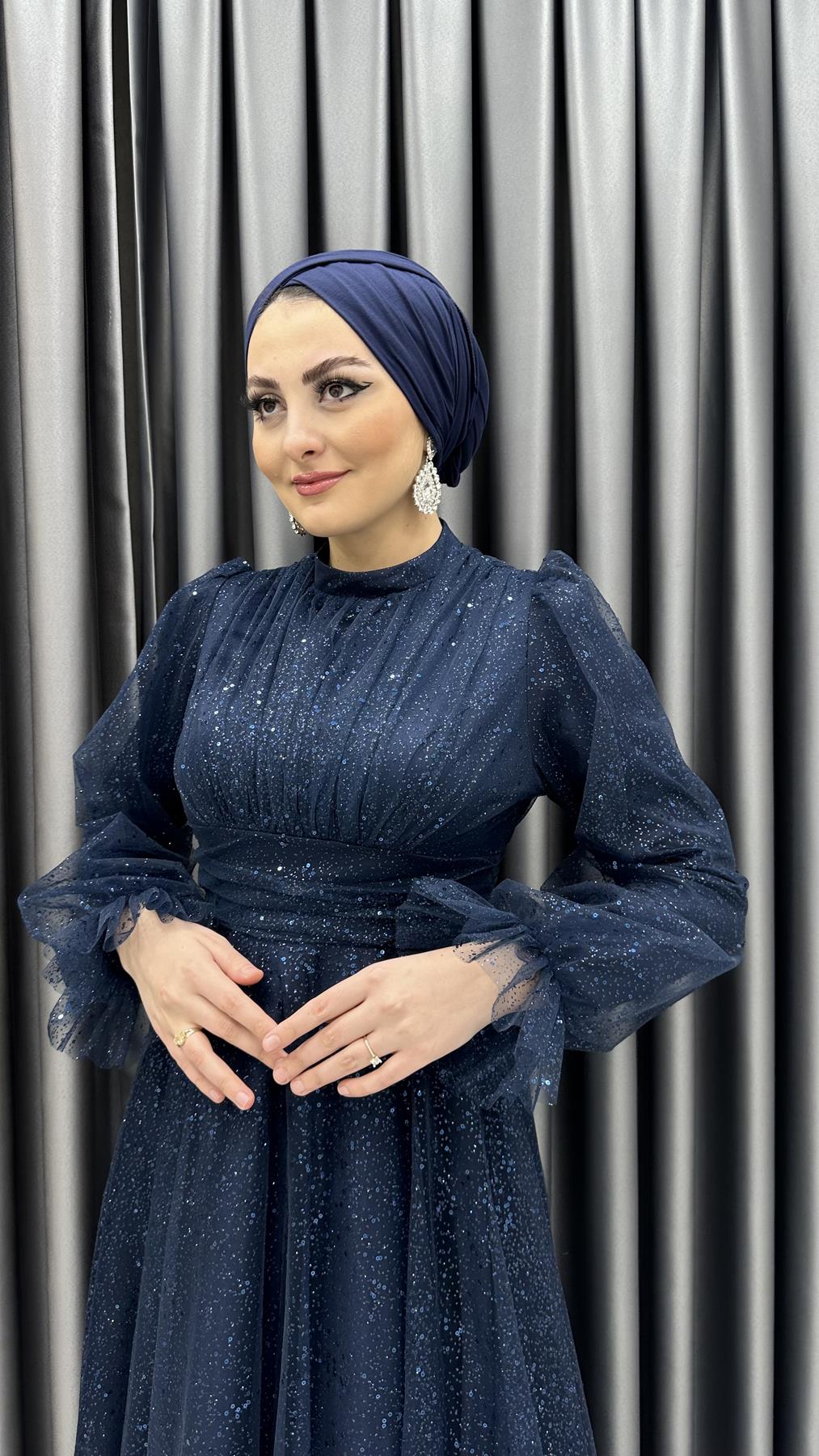 652 G - Balon Kollu Prenses Model Simli Tül Abiye Elbise -Lacivert