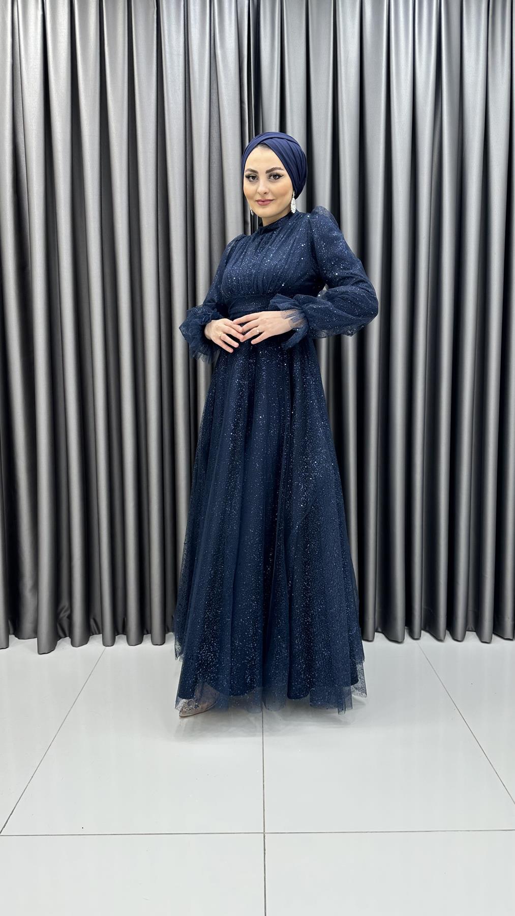 652 G - Balon Kollu Prenses Model Simli Tül Abiye Elbise -Lacivert