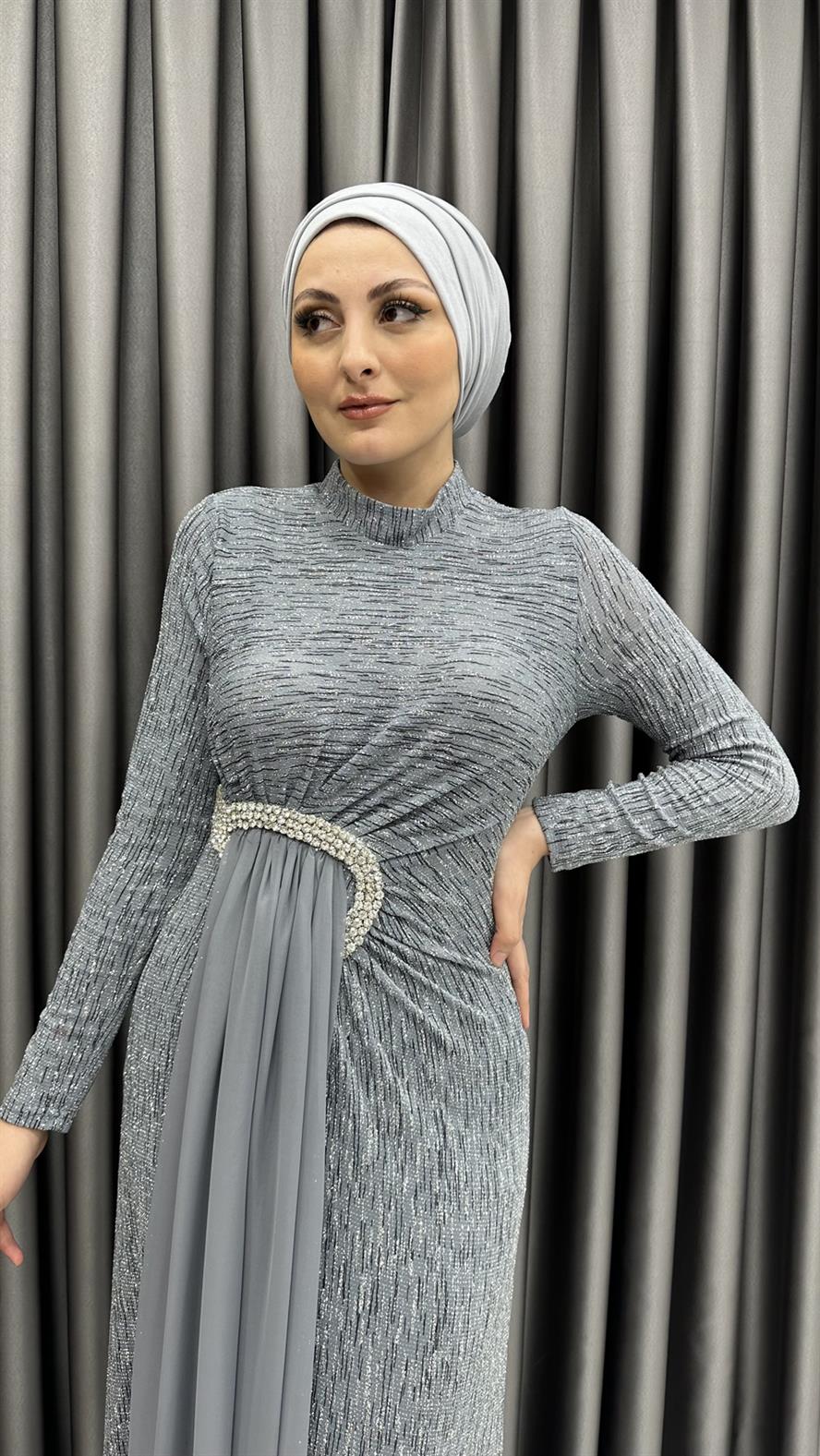666 G Abiye Elbise-Gri