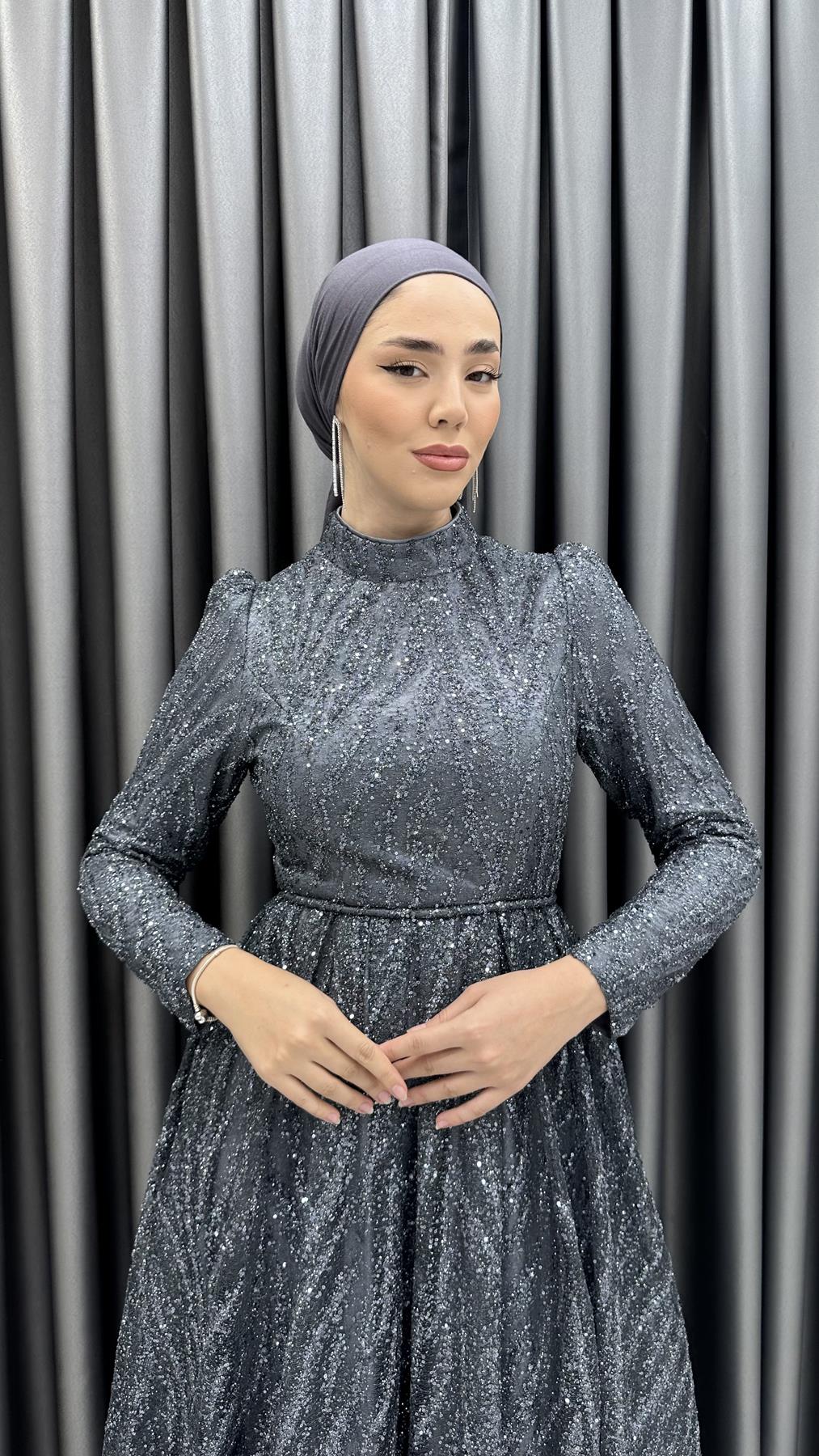 743 G - LEYLA Prenses Kesim Simli Tül Abiye Elbise-Antrasit