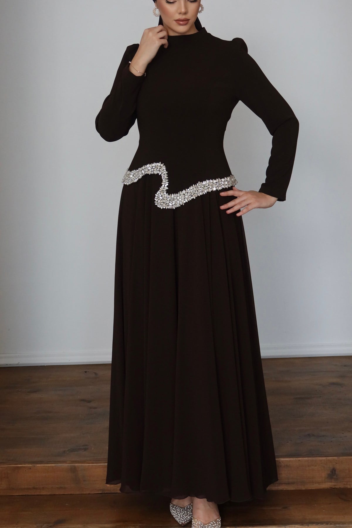 838 G Abiye Elbise-Kahve Rengi