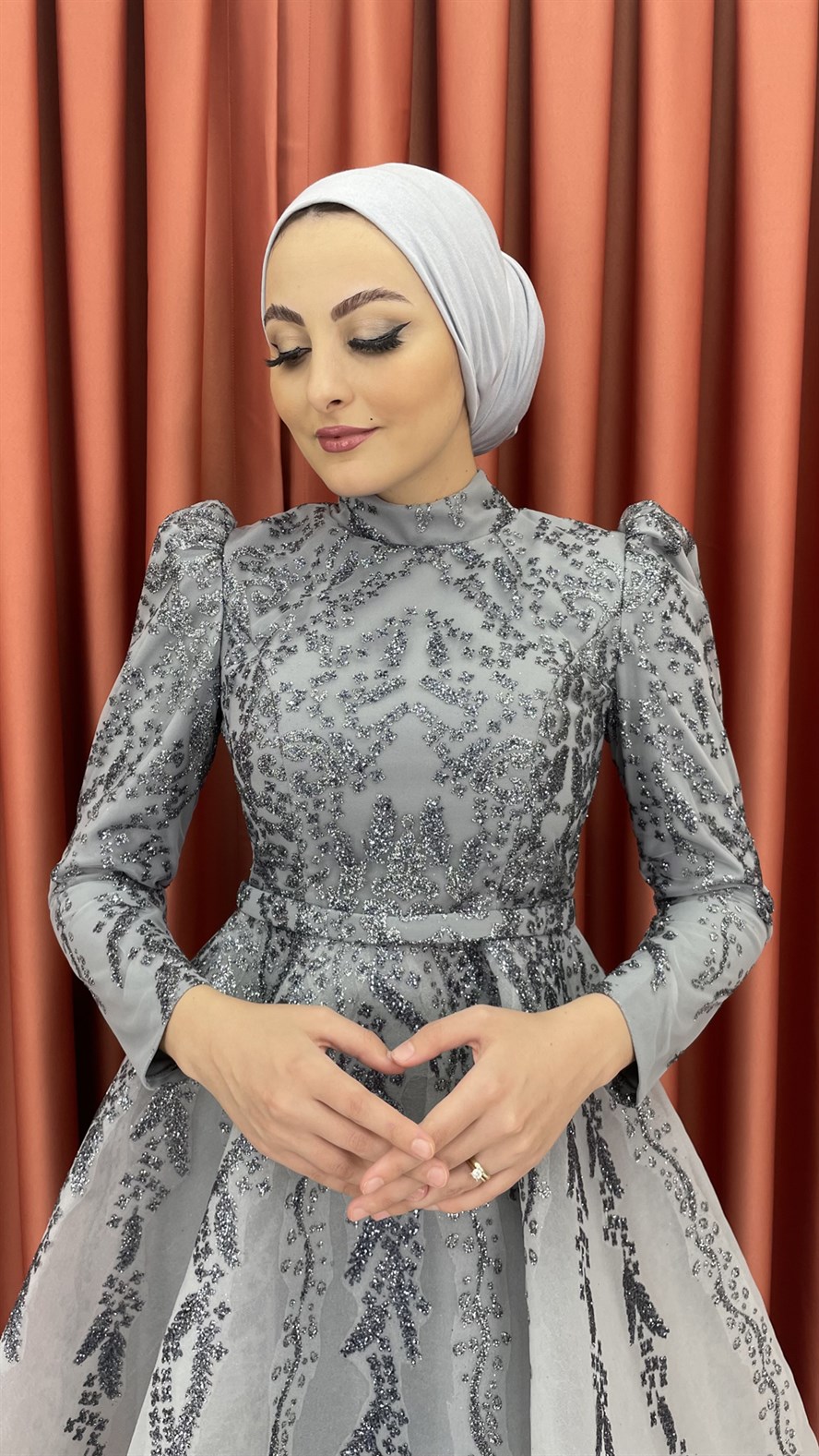 9440 N - Prenses Kesim Yaldızlı Abiye Elbise-Gri