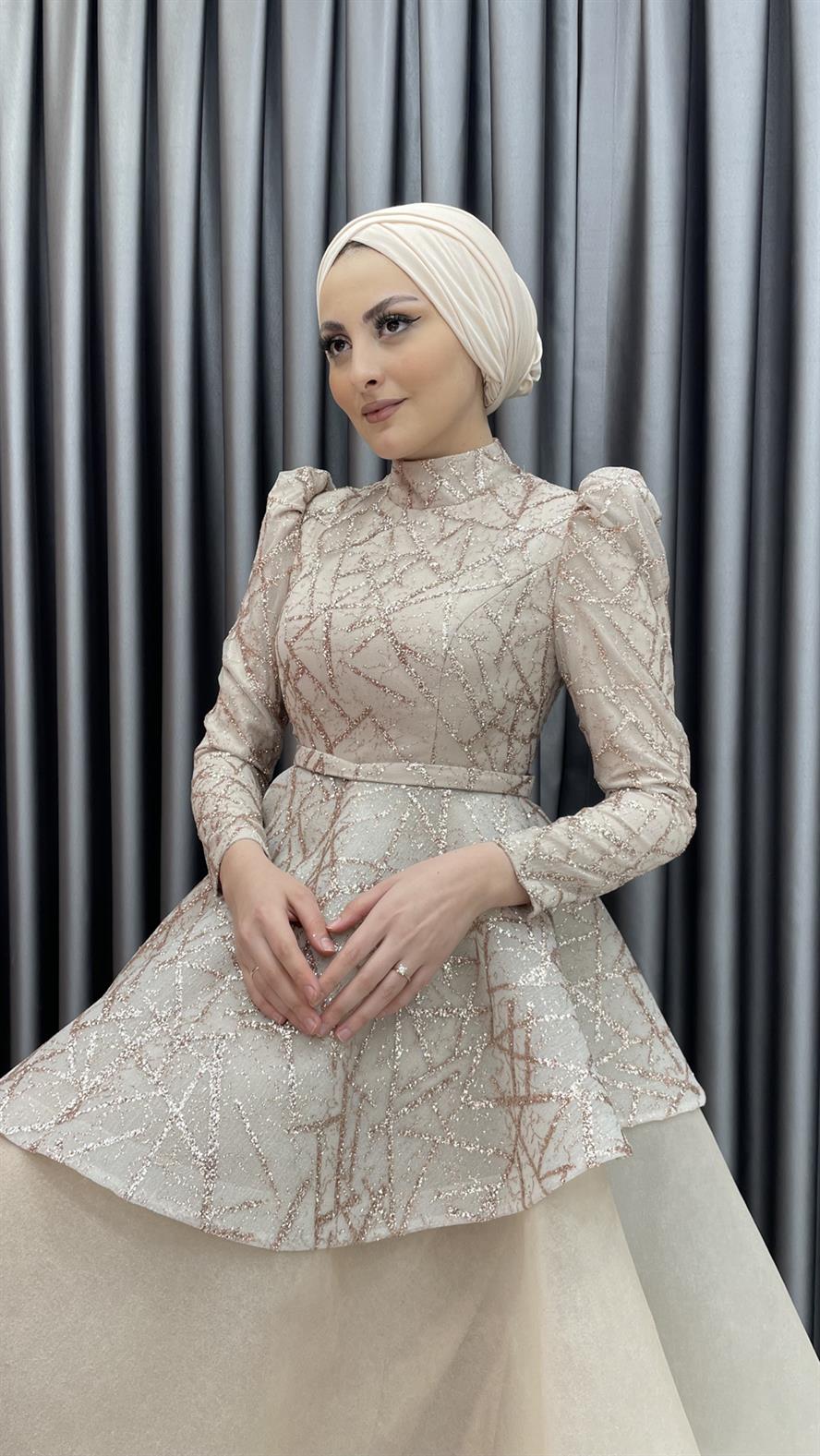 9450 N - Broker Kumaşlı Prenses Model Abiye Elbise-Gold Rengi