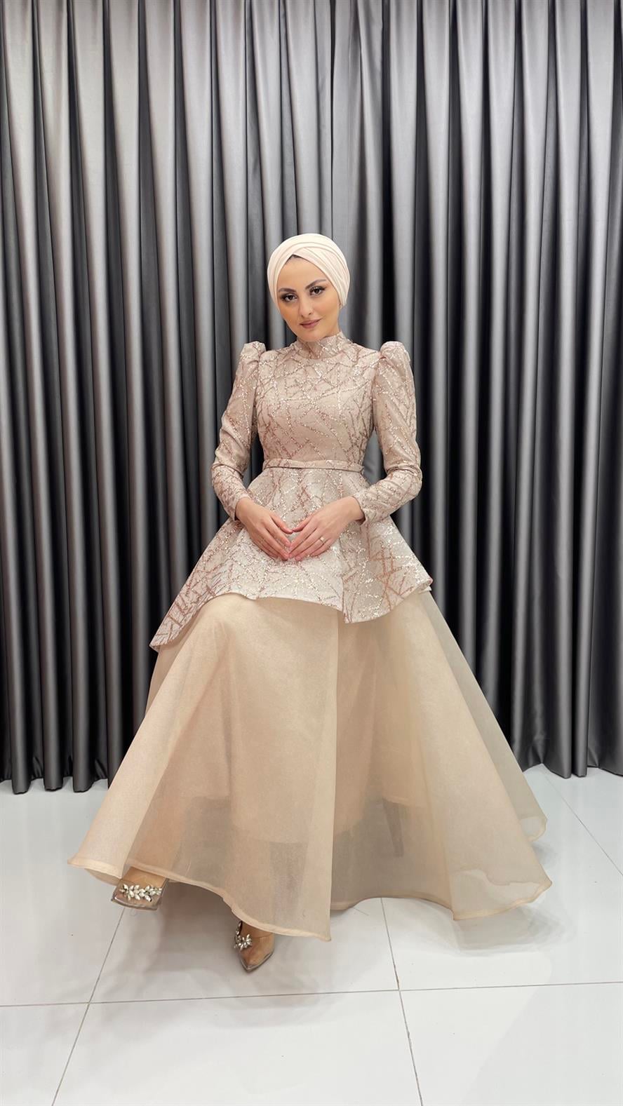 9450 N - Broker Kumaşlı Prenses Model Abiye Elbise-Gold Rengi