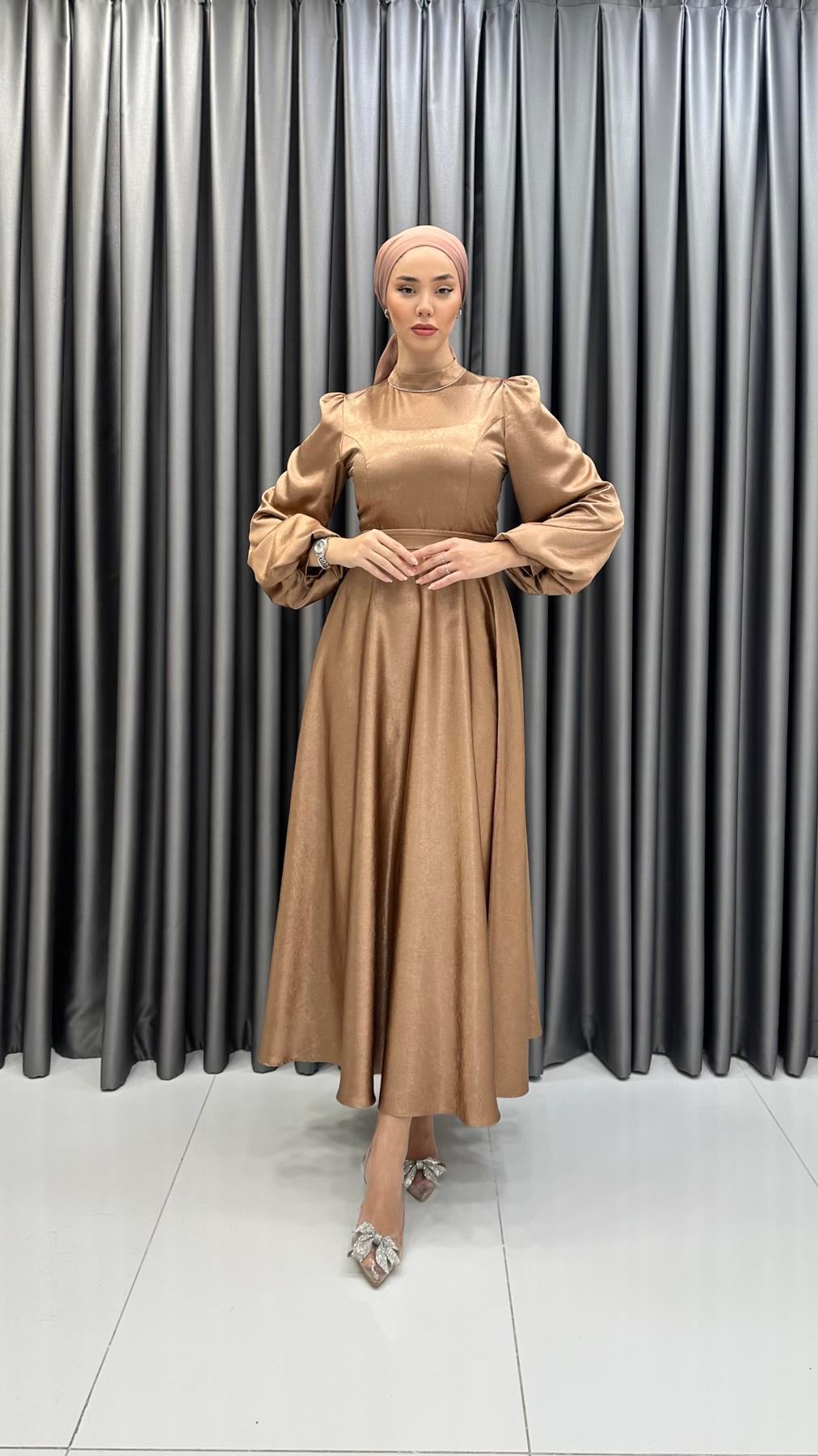 9834-1 Abiye Elbise-Taba