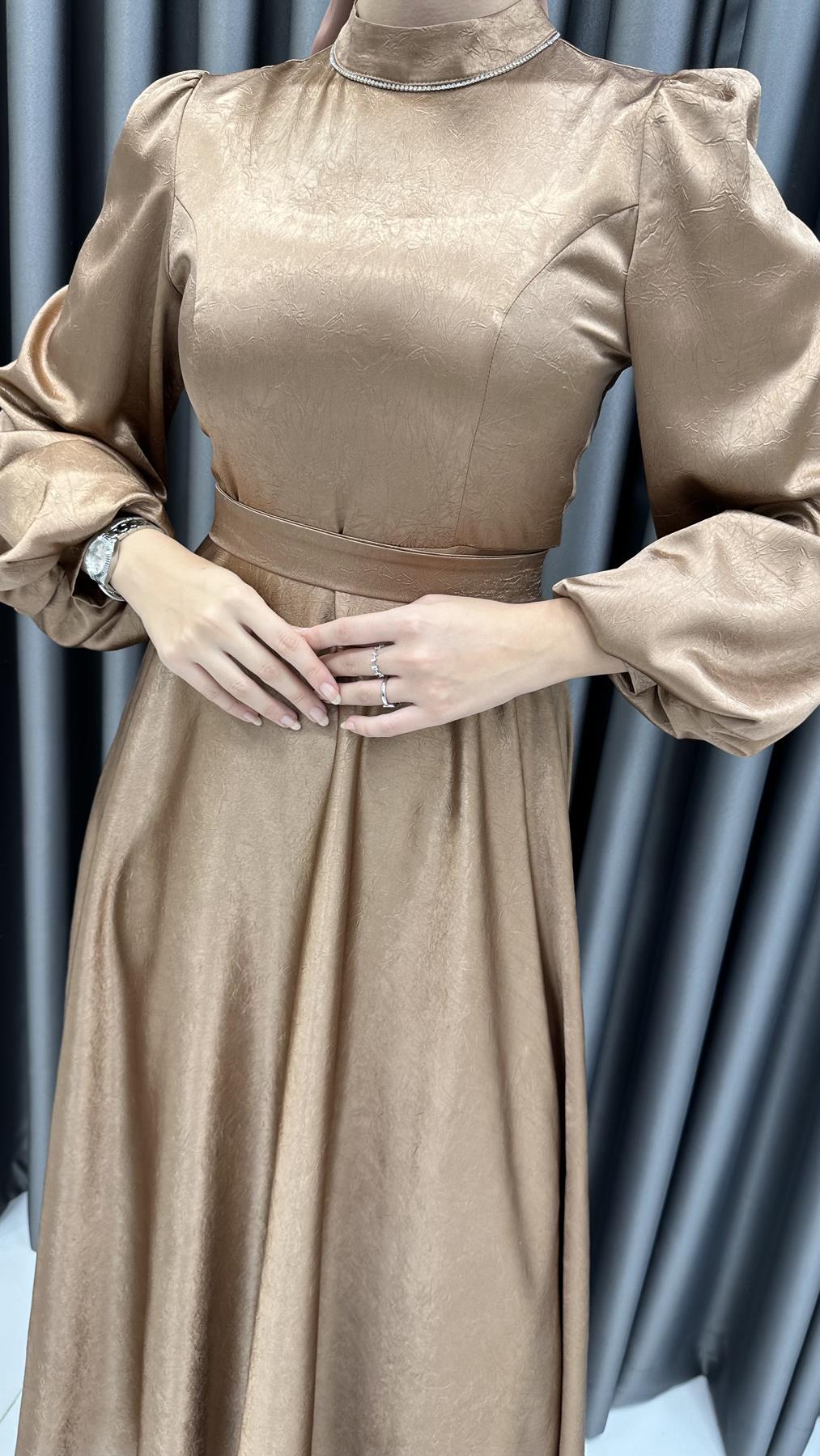 9834-1 Abiye Elbise-Taba