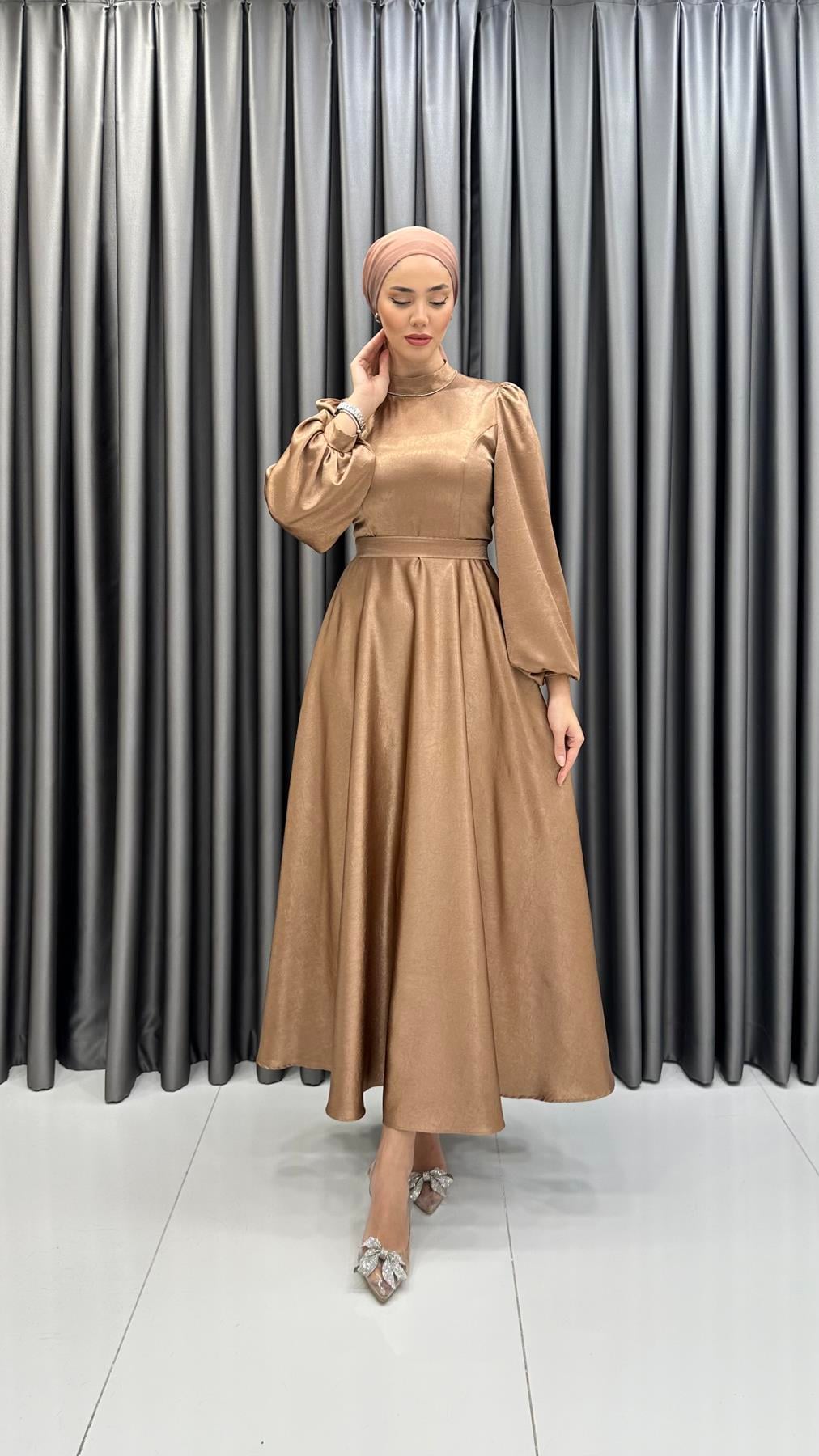 9834-1 Abiye Elbise-Taba