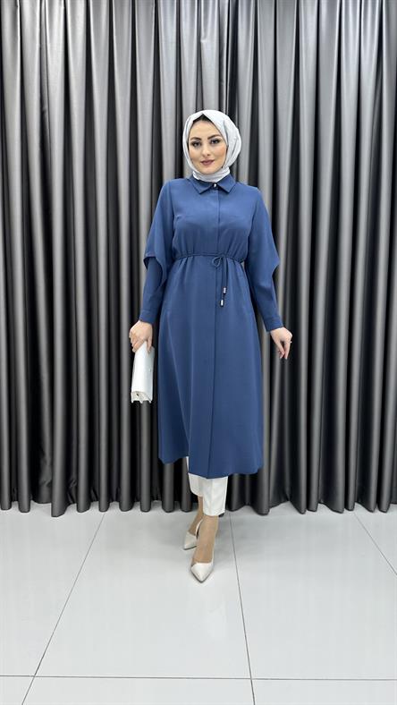 0001 - LEONA Belden Bağlama Detaylı ve Düğmeli Krep Giyçik-İndigo Mavi