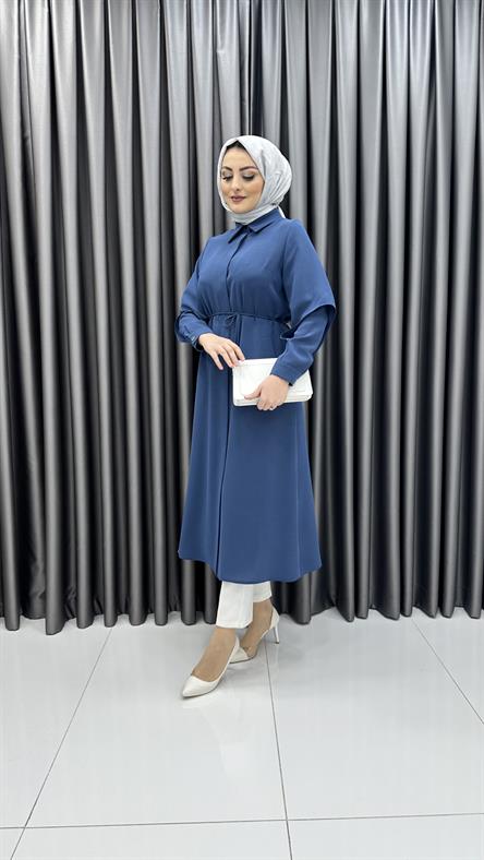 0001 - LEONA Belden Bağlama Detaylı ve Düğmeli Krep Giyçik-İndigo Mavi