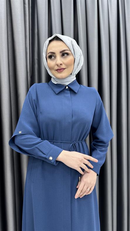 0001 - LEONA Belden Bağlama Detaylı ve Düğmeli Krep Giyçik-İndigo Mavi