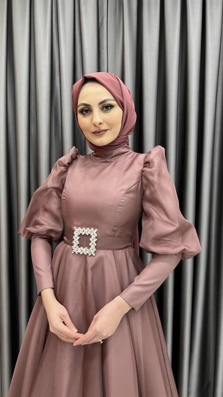 00032 Belinay - Karpuz Kol ve Kemer Detaylı Tafta Kumaş Abiye Elbise-Gül Rengi