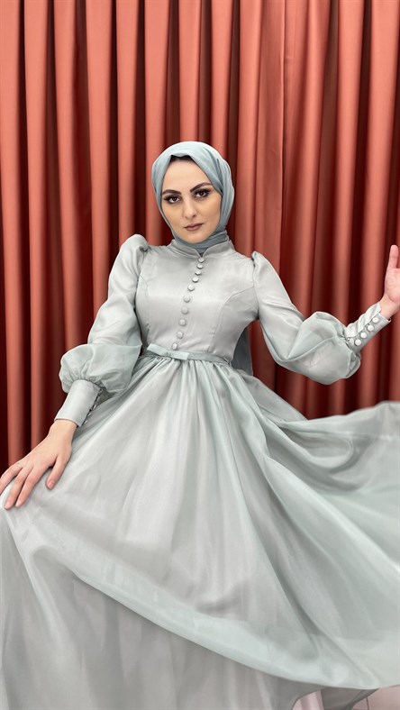 0139 – Önü Düğme Detaylı Tül Abiye-Mint
