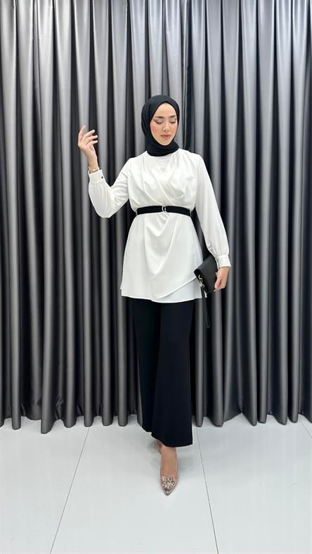 1153 - SHON Kemer Detaylı Tunik ve Pantolonlu Buz Krep Takım-Ekru