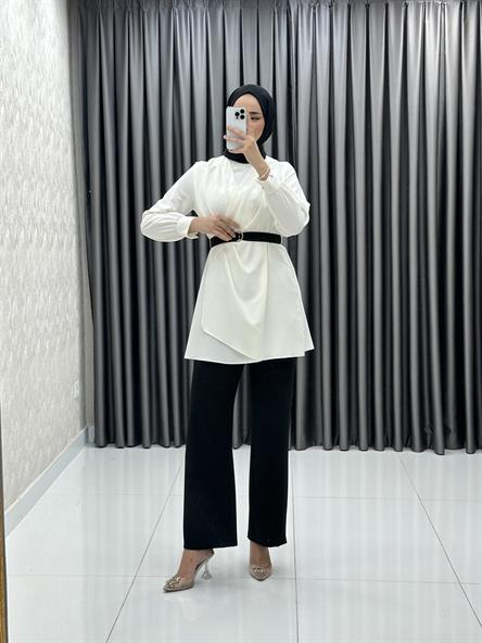 1153 - SHON Kemer Detaylı Tunik ve Pantolonlu Buz Krep Takım-Ekru