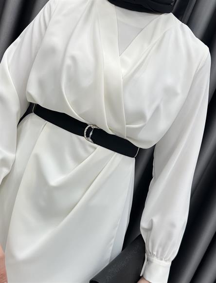 1153 - SHON Kemer Detaylı Tunik ve Pantolonlu Buz Krep Takım-Ekru