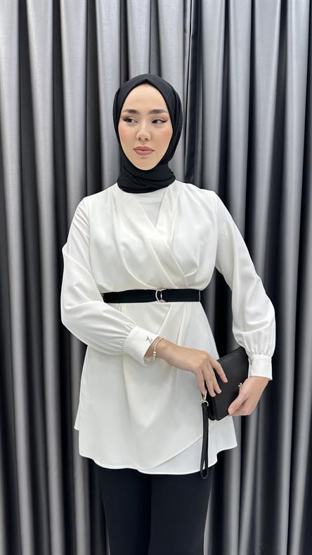 1153 - SHON Kemer Detaylı Tunik ve Pantolonlu Buz Krep Takım-Ekru