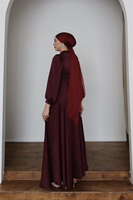 1242 Y Saten Elbise-Bordo