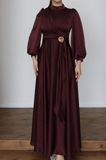 1242 Y Saten Elbise-Bordo