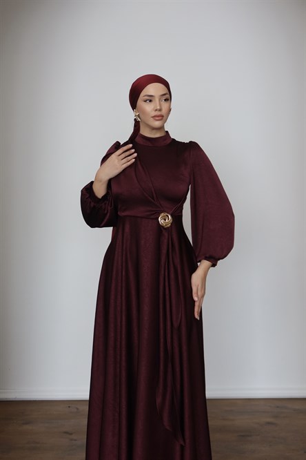 1242 Y Saten Elbise-Bordo