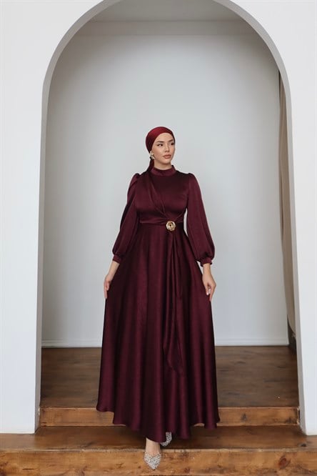 1242 Y Saten Elbise-Bordo