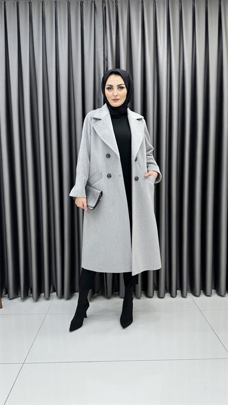 13300 - Cep ve Düğme Detaylı Oversize Kesim Kaşe Kaban-Gri