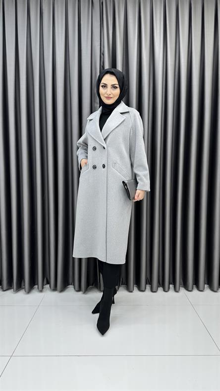 13300 - Cep ve Düğme Detaylı Oversize Kesim Kaşe Kaban-Gri