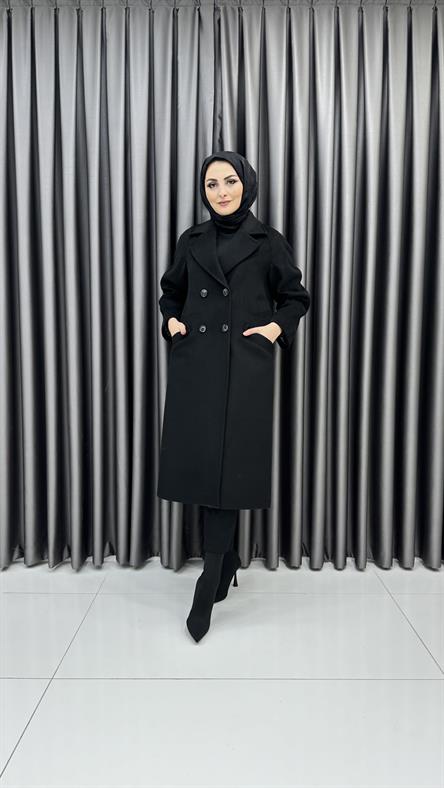 13300 - Cep ve Düğme Detaylı Oversize Kesim Kaşe Kaban-Siyah