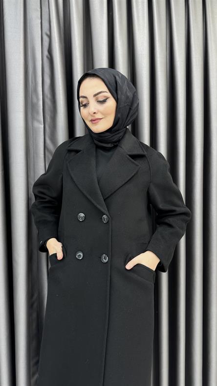 13300 - Cep ve Düğme Detaylı Oversize Kesim Kaşe Kaban-Siyah