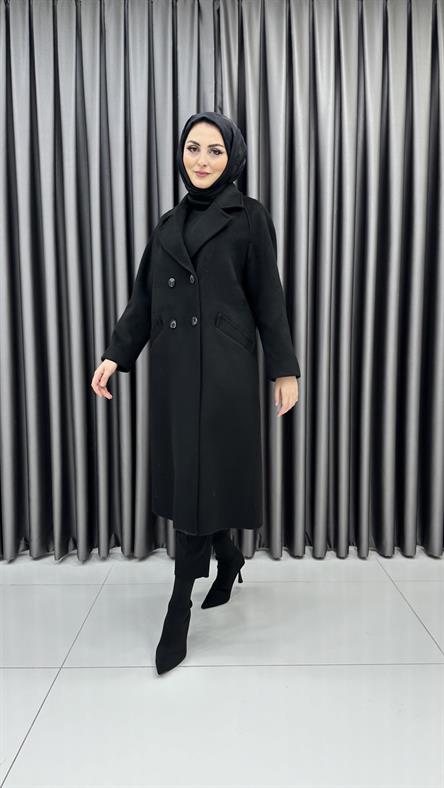 13300 - Cep ve Düğme Detaylı Oversize Kesim Kaşe Kaban-Siyah