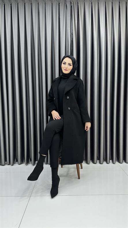13300 - Cep ve Düğme Detaylı Oversize Kesim Kaşe Kaban-Siyah