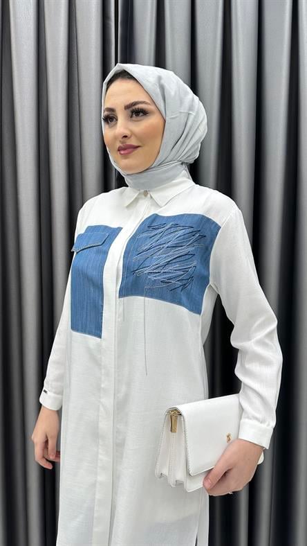 1371 - Kot Detaylı ve Arkası Uzun Mistral Kumaş Tunik-Mavi