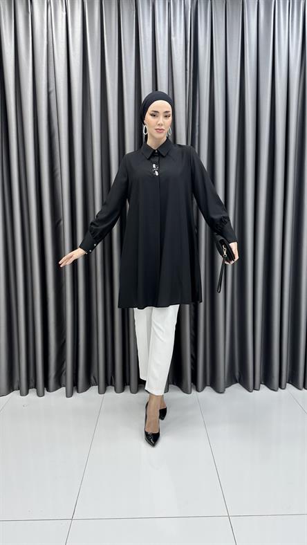 1415 SHON - Taş Detaylı ve Açılan Kesim Tensel Tunik-Siyah