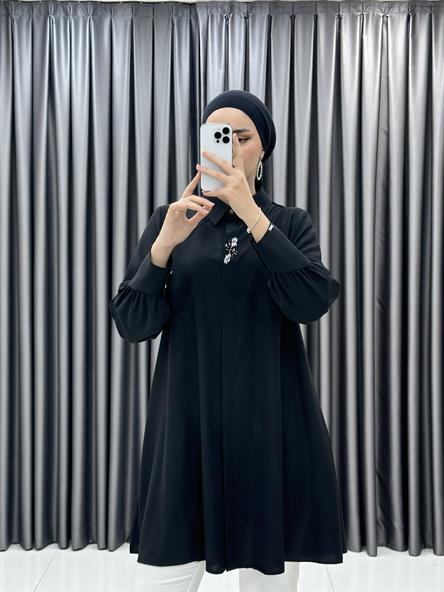 1415 SHON - Taş Detaylı ve Açılan Kesim Tensel Tunik-Siyah