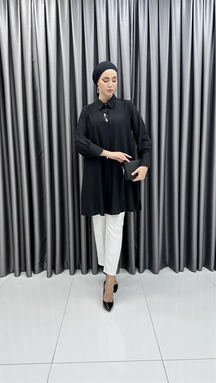 1415 SHON - Taş Detaylı ve Açılan Kesim Tensel Tunik-Siyah