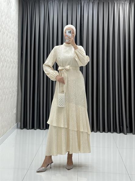 1419 O - Belden Bağlama ve Katlı Etek Detaylı Jakar Bayan Elbise-Bej