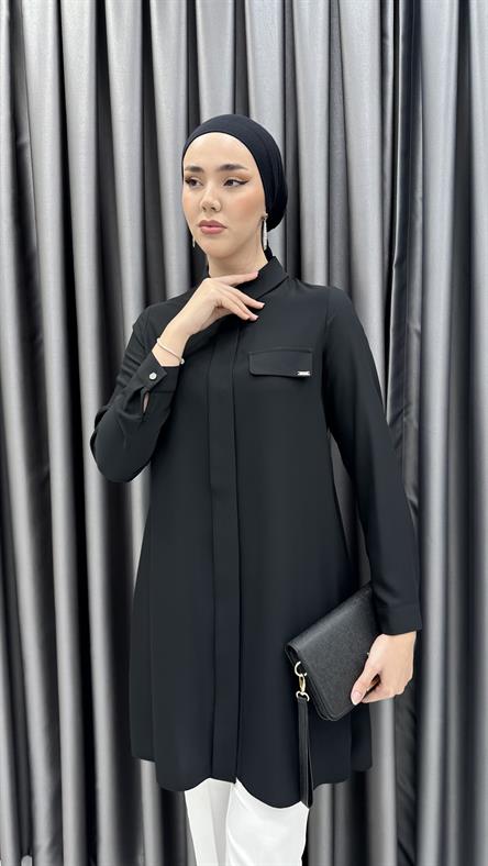 1427 - SHON Cep Detaylı Rahat Kesim Tensel Tunik-Siyah