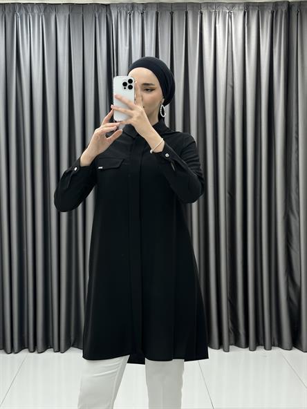 1427 - SHON Cep Detaylı Rahat Kesim Tensel Tunik-Siyah