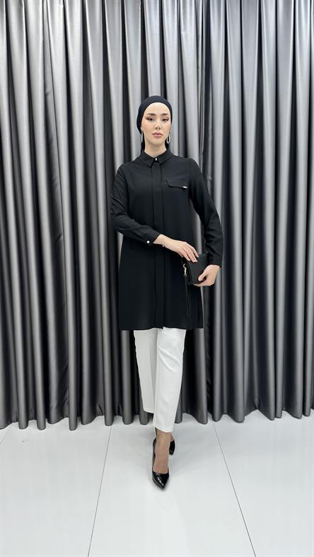 1427 - SHON Cep Detaylı Rahat Kesim Tensel Tunik-Siyah
