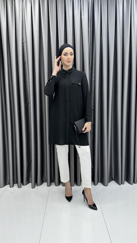 1427 - SHON Cep Detaylı Rahat Kesim Tensel Tunik-Siyah