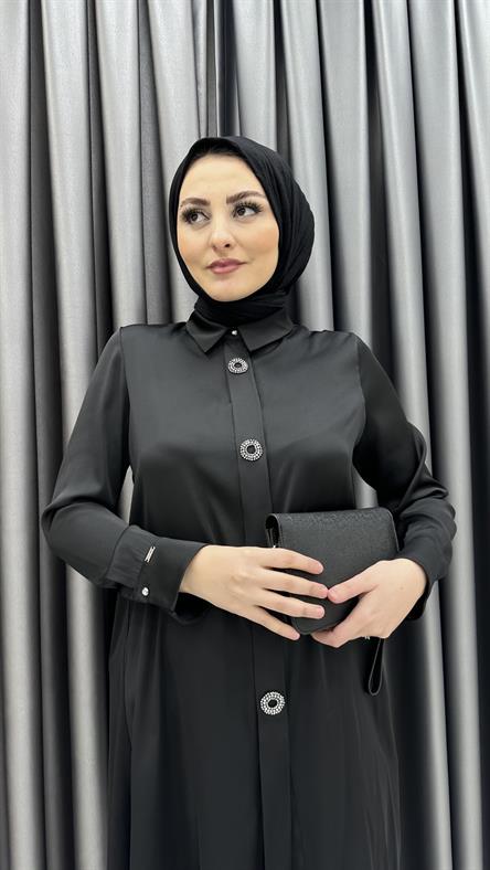 1450 - LAGOON Taşlı Düğme Detaylı Rahat Kesim Saten Tunik-Siyah