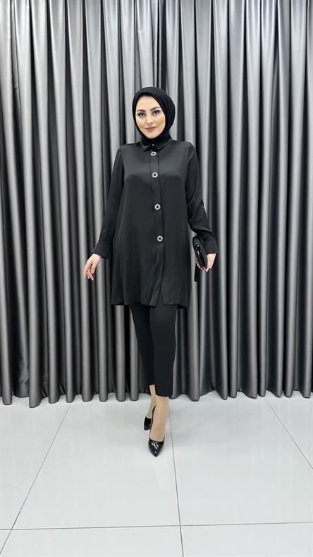 1450 - LAGOON Taşlı Düğme Detaylı Rahat Kesim Saten Tunik-Siyah
