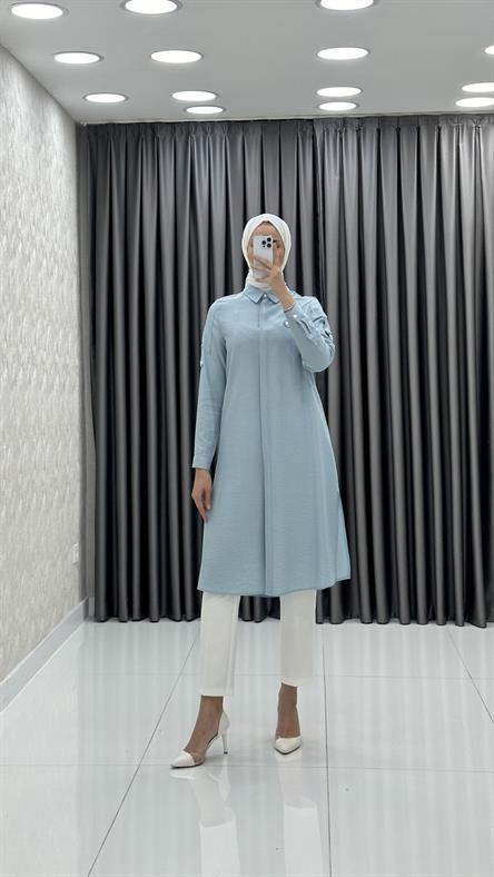 1455 Meyra Tunik - Omuz Detaylı Gömlek Yaka Tunik-Bebe Mavi