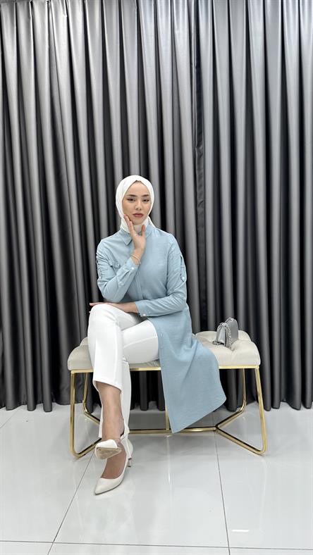 1455 Meyra Tunik - Omuz Detaylı Gömlek Yaka Tunik-Bebe Mavi