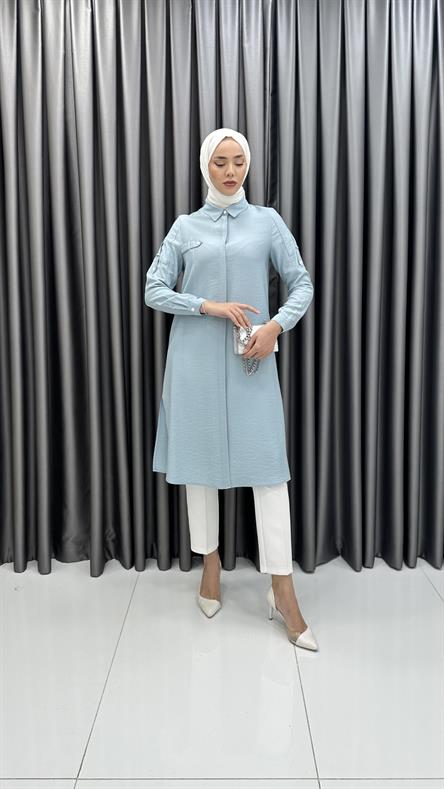 1455 Meyra Tunik - Omuz Detaylı Gömlek Yaka Tunik-Bebe Mavi