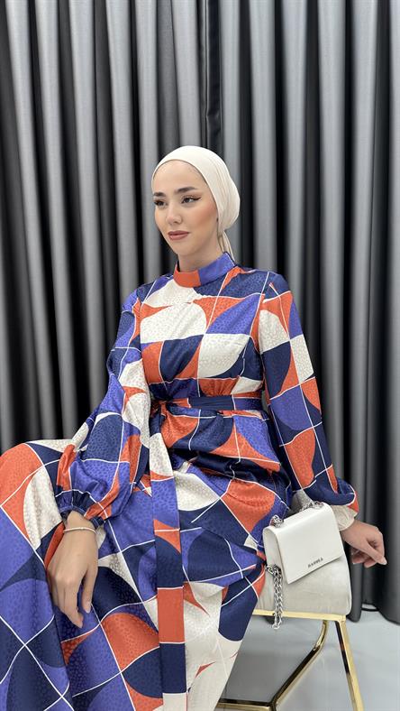 1524 O - Belden Bağlama Detaylı Saten Bayan Elbise-Mor