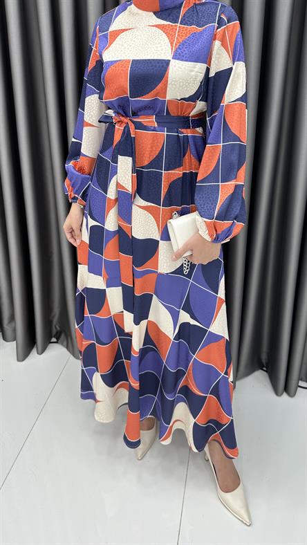 1524 O - Belden Bağlama Detaylı Saten Bayan Elbise-Mor