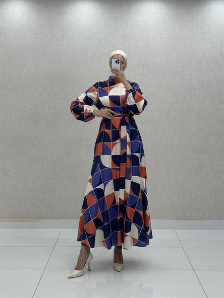 1524 O - Belden Bağlama Detaylı Saten Bayan Elbise-Mor