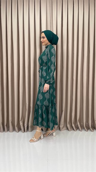 1570 - Etek Ucu Detaylı Desenli Elbise - ZÜMRÜT