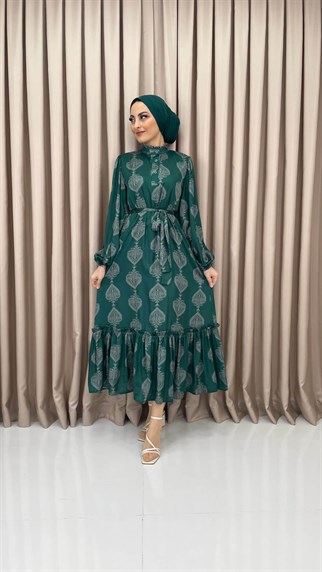 1570 - Etek Ucu Detaylı Desenli Elbise - ZÜMRÜT