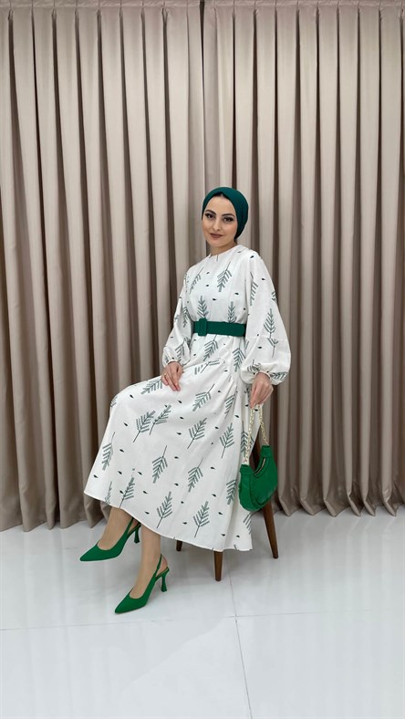 Yaprak Desenli Keten Elbise - YEŞİL